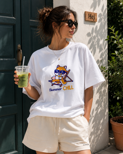 Summer Chill Cat Graphic T-Shirt | Cute Unisex White Tee