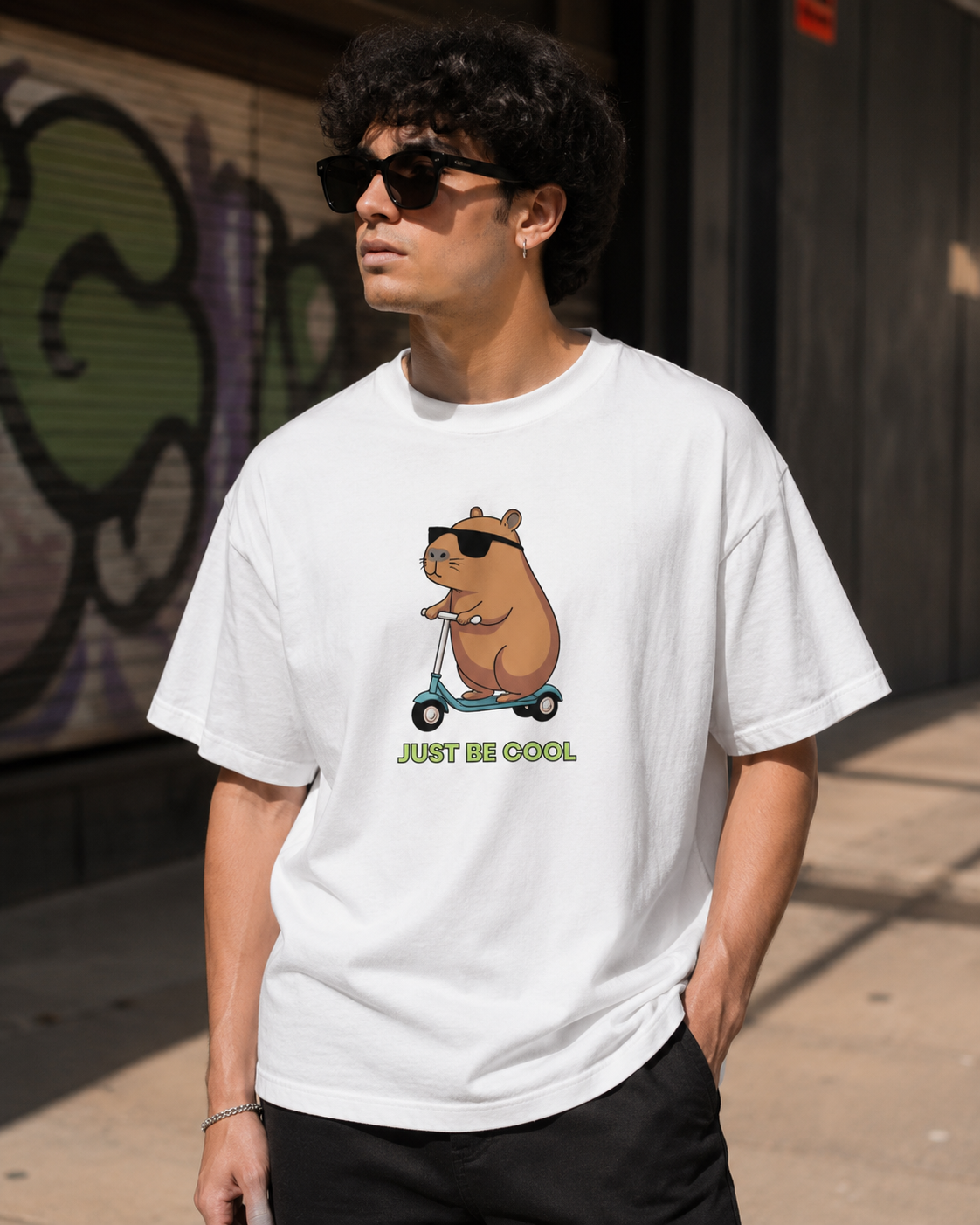 Just Be Cool Oversized Graphic T-Shirt – Cute Scooter Hamster Tee