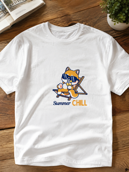 Summer Chill Cat Graphic T-Shirt | Cute Unisex White Tee